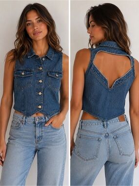 Steel Jeans Vintage Open Back Denim Vest Made in USA Size Large